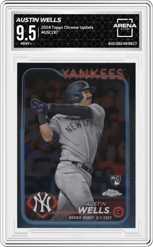 Austin Wells from the 2024 Topps Chrome Update set graded by Arena Club and given an overall grade of 9.5.