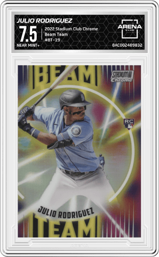 Julio Rodriguez from the 2022 Stadium Club Chrome set graded by Arena Club and given an overall grade of 7.5.