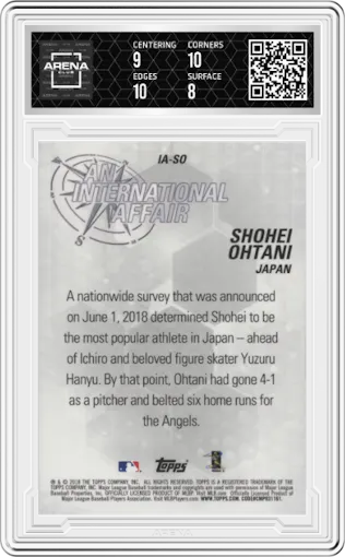 Shohei Ohtani from the 2018 Topps Chrome Update  set graded by Arena Club and given an overall grade of 8.5.