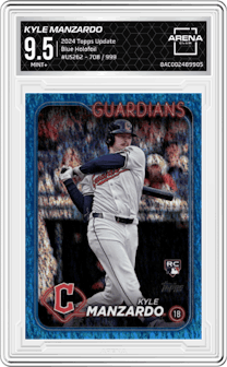 Kyle Manzardo from the 2024 Topps Update set featuring a Blue Holofoil parallel graded by Arena Club and given an overall grade of 9.5.