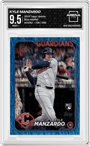 Kyle Manzardo from the 2024 Topps Update set featuring a Blue Holofoil parallel graded by Arena Club and given an overall grade of 9.5.