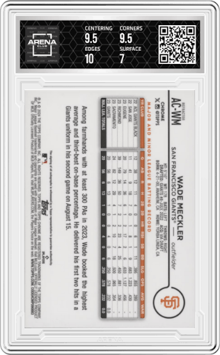 Wade Meckler from the 2024 Topps Chrome Update set featuring a Refractor parallel graded by Arena Club and given an overall grade of 7.5.