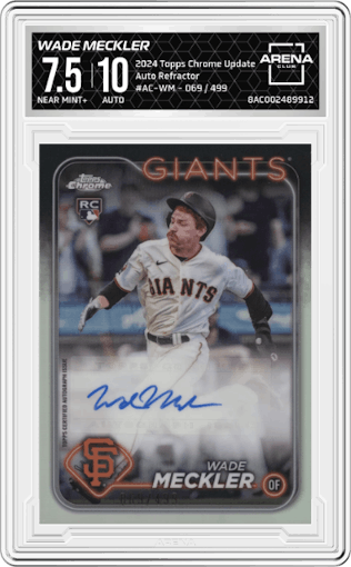Wade Meckler from the 2024 Topps Chrome Update set featuring a Refractor parallel graded by Arena Club and given an overall grade of 7.5.