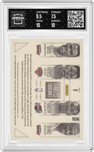 David Robinson/Patrick Ewing/Hakeem Olajuwon/Dennis Rodman from the 2012-13 Panini Intrigue set featuring a Laundry Tags parallel graded by Arena Club and given an overall grade of 8.