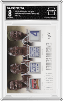David Robinson/Patrick Ewing/Hakeem Olajuwon/Dennis Rodman from the 2012-13 Panini Intrigue set featuring a Laundry Tags parallel graded by Arena Club and given an overall grade of 8.