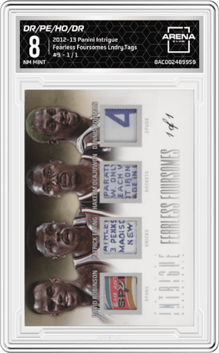 David Robinson/Patrick Ewing/Hakeem Olajuwon/Dennis Rodman from the 2012-13 Panini Intrigue set featuring a Laundry Tags parallel graded by Arena Club and given an overall grade of 8.