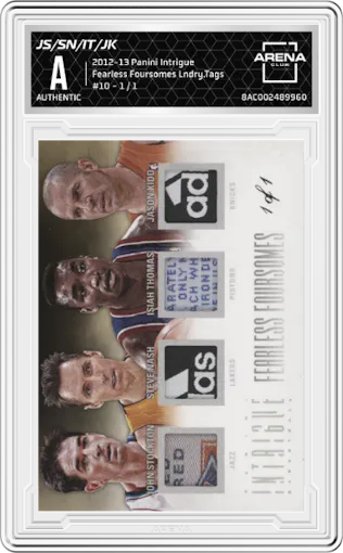 John Stockton/Steve Nash/Isiah Thomas/Jason Kidd from the 2012-13 Panini Intrigue set featuring a Laundry Tags parallel graded by Arena Club.