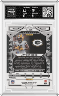 Jayden Reed from the 2023 Panini Obsidian set featuring a Asia parallel graded by Arena Club and given an overall grade of 9.5.