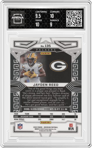 Jayden Reed from the 2023 Panini Obsidian set featuring a Asia parallel graded by Arena Club and given an overall grade of 9.5.