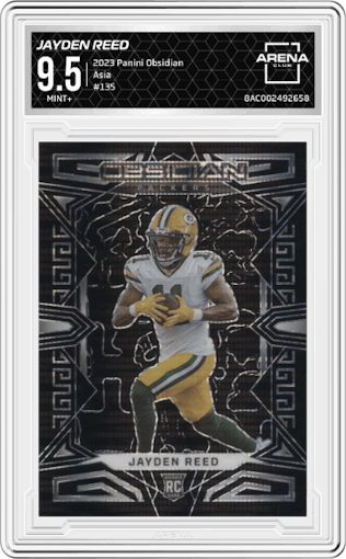 Jayden Reed from the 2023 Panini Obsidian set featuring a Asia parallel graded by Arena Club and given an overall grade of 9.5.