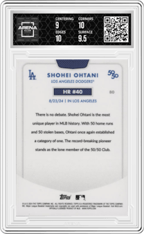 Shohei Ohtani from the 2024 Topps 50/50 set featuring a Chrome Aqua parallel graded by Arena Club and given an overall grade of 9.5.