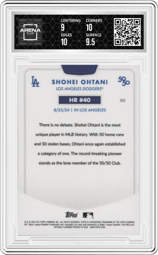 Shohei Ohtani from the 2024 Topps 50/50 set featuring a Chrome Aqua parallel graded by Arena Club and given an overall grade of 9.5.