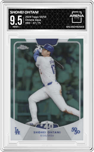 Shohei Ohtani from the 2024 Topps 50/50 set featuring a Chrome Aqua parallel graded by Arena Club and given an overall grade of 9.5.