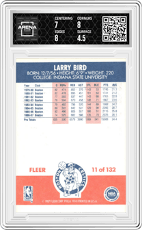 Larry Bird from the 1987-88 Fleer set graded by Arena Club and given an overall grade of 5.