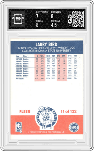 Larry Bird from the 1987-88 Fleer set graded by Arena Club and given an overall grade of 5.