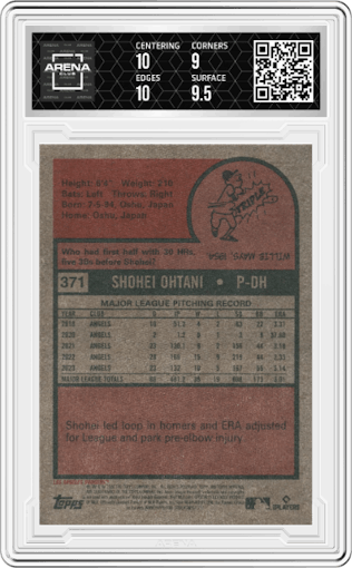 Shohei Ohtani from the 2024 Topps Heritage set graded by Arena Club and given an overall grade of 9.5.