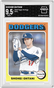 Shohei Ohtani from the 2024 Topps Heritage set graded by Arena Club and given an overall grade of 9.5.