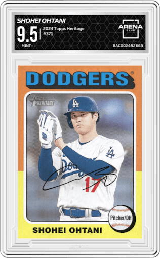 Shohei Ohtani from the 2024 Topps Heritage set graded by Arena Club and given an overall grade of 9.5.