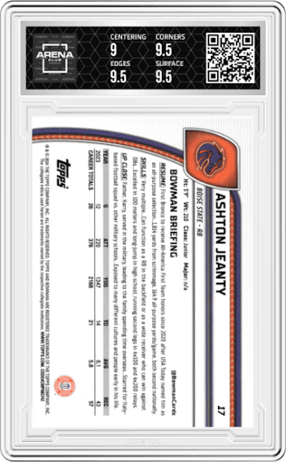 Ashton Jeanty from the 2024 Bowman Chrome University set featuring a Pink Lava Refractor parallel graded by Arena Club and given an overall grade of 9.5.