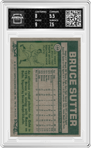Bruce Sutter from the 1977 Topps set graded by Arena Club and given an overall grade of 5.5.