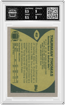 Thurman Thomas from the 1989 Topps  set graded by Arena Club and given an overall grade of 9.