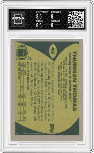 Thurman Thomas from the 1989 Topps  set graded by Arena Club and given an overall grade of 9.