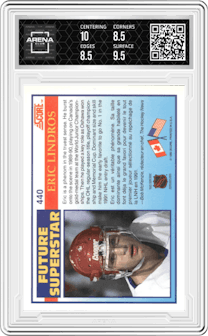 Eric Lindros from the 1990-91 Score set graded by Arena Club and given an overall grade of 9.