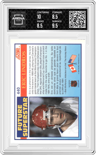 Eric Lindros from the 1990-91 Score set graded by Arena Club and given an overall grade of 9.