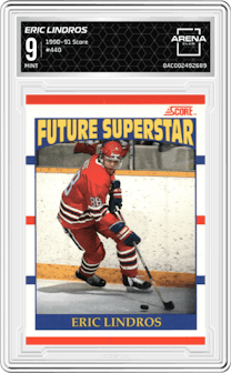 Eric Lindros from the 1990-91 Score set graded by Arena Club and given an overall grade of 9.