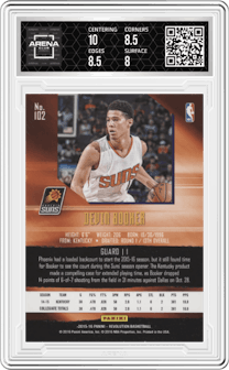 Devin Booker from the 2015-16 Panini Revolution set graded by Arena Club and given an overall grade of 8.5.