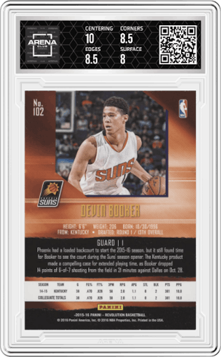 Devin Booker from the 2015-16 Panini Revolution set graded by Arena Club and given an overall grade of 8.5.