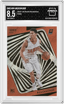 Devin Booker from the 2015-16 Panini Revolution set graded by Arena Club and given an overall grade of 8.5.