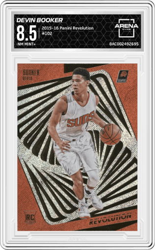 Devin Booker from the 2015-16 Panini Revolution set graded by Arena Club and given an overall grade of 8.5.