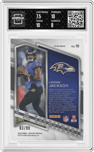 Lamar Jackson from the 2024 Panini Spectra set featuring a Celestial parallel graded by Arena Club and given an overall grade of 8.