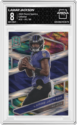Lamar Jackson from the 2024 Panini Spectra set featuring a Celestial parallel graded by Arena Club and given an overall grade of 8.