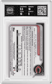 Adam Serwinowski from the 2024 Bowman Chrome set featuring a Yellow Refractor parallel graded by Arena Club and given an overall grade of 9.5.