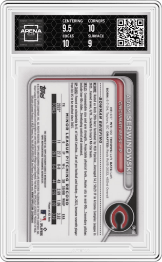 Adam Serwinowski from the 2024 Bowman Chrome set featuring a Yellow Refractor parallel graded by Arena Club and given an overall grade of 9.5.