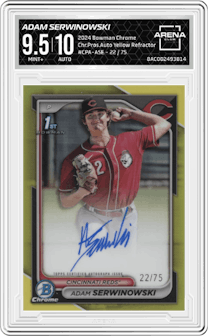 Adam Serwinowski from the 2024 Bowman Chrome set featuring a Yellow Refractor parallel graded by Arena Club and given an overall grade of 9.5.