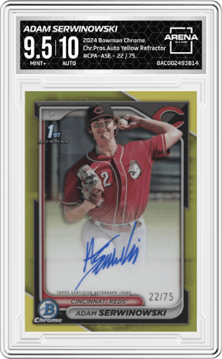 Adam Serwinowski from the 2024 Bowman Chrome set featuring a Yellow Refractor parallel graded by Arena Club and given an overall grade of 9.5.