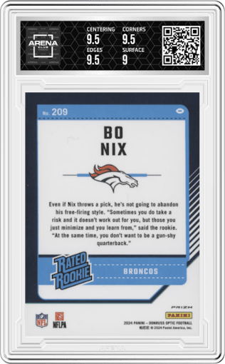 Bo Nix from the 2024 Donruss Optic set featuring a Pink parallel graded by Arena Club and given an overall grade of 9.5.