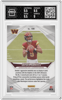 Jayden Daniels from the 2024 Panini Phoenix set graded by Arena Club and given an overall grade of 9.5.