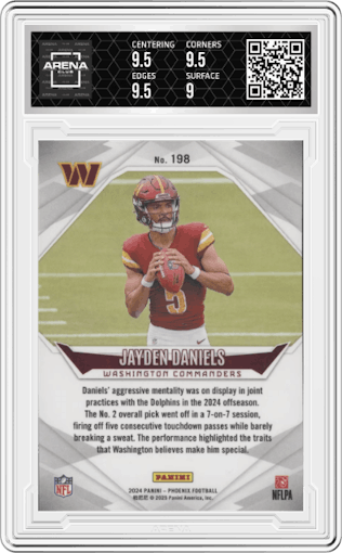 Jayden Daniels from the 2024 Panini Phoenix set graded by Arena Club and given an overall grade of 9.5.