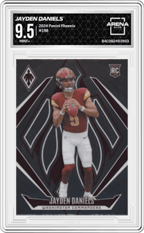 Jayden Daniels from the 2024 Panini Phoenix set graded by Arena Club and given an overall grade of 9.5.