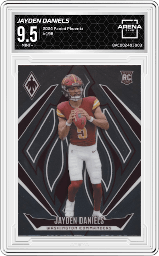 Jayden Daniels from the 2024 Panini Phoenix set graded by Arena Club and given an overall grade of 9.5.