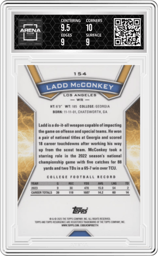 Ladd McConkey from the 2024 Topps Resurgence set graded by Arena Club and given an overall grade of 9.5.