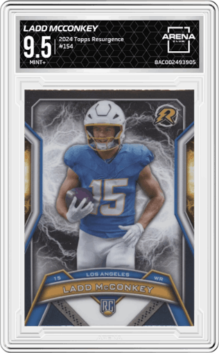 Ladd McConkey from the 2024 Topps Resurgence set graded by Arena Club and given an overall grade of 9.5.