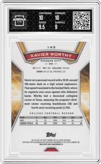 Xavier Worthy from the 2024 Topps Resurgence set graded by Arena Club and given an overall grade of 9.5.