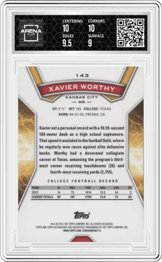 Xavier Worthy from the 2024 Topps Resurgence set graded by Arena Club and given an overall grade of 9.5.