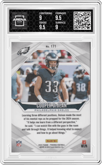 Cooper DeJean from the 2024 Panini Phoenix set graded by Arena Club and given an overall grade of 9.5.