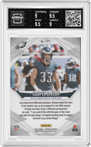 Cooper DeJean from the 2024 Panini Phoenix set graded by Arena Club and given an overall grade of 9.5.